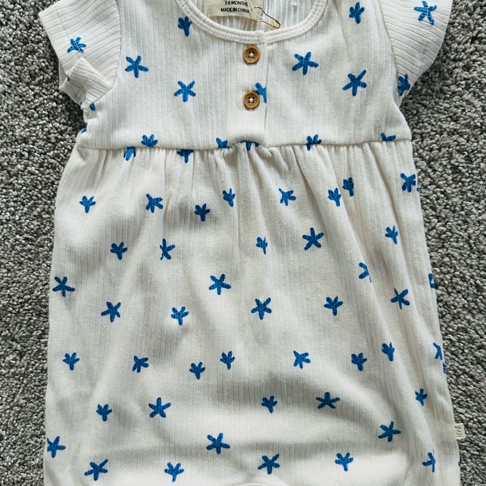 White Dress with Blue Floral Pattern